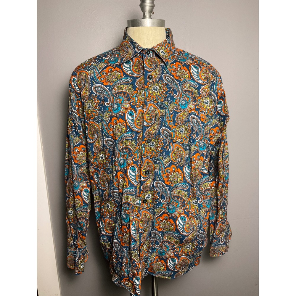 Alan Flusser Mens XL Paisley Button Down Shirt Blue Orange Cotton Long Sleeve